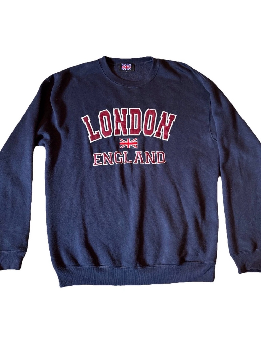 London England Embroidered Sweatshirt Navy Blue Fleece Crewneck Union Jack Flag